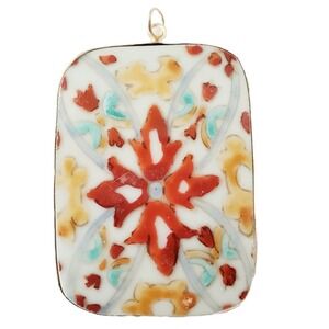 Vintage Hand Painted Ceramic Tile Pendant Floral Mediterranean Boho Silver Tone
